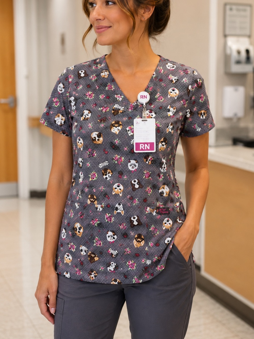 Women’s Large Gray Dog Print Betsey Johnson Scrub Top